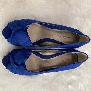 Brand New Designer Royal Blue Silk Peep Toe Mid Heels